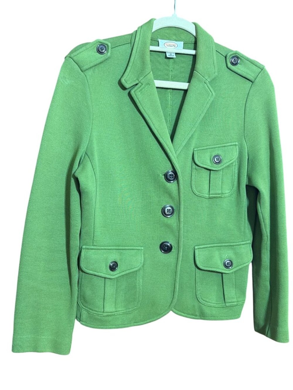 Talbots Green Military Style Knit Blazer Jacket Button Front Epaulets Sz MP